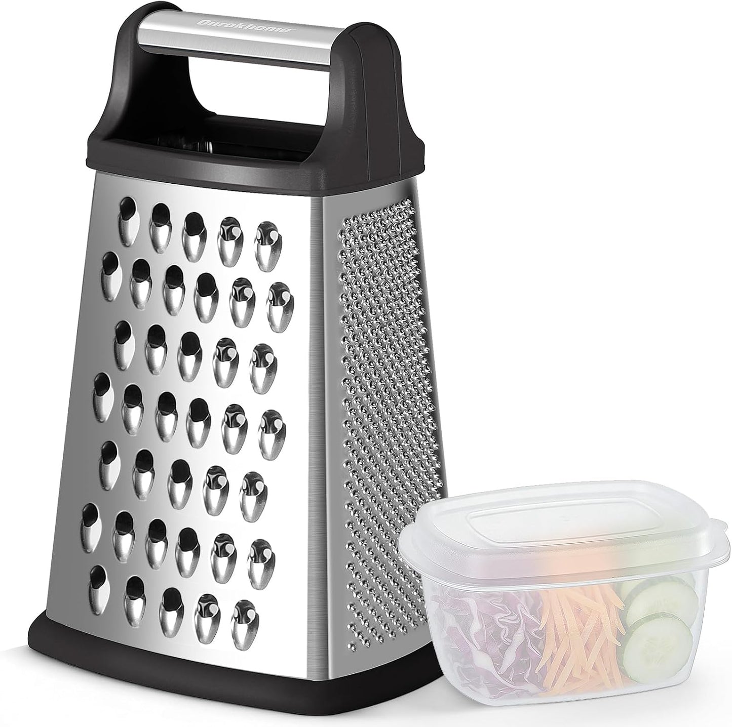 Ourokhome Cheese Grater, Handheld Box Grater with Container & Lid, 4-Sided Stainless Steel for Kitchen, Wavy Julienne, Slicer, Coarse Shred & Fine Zester, Non-Slip Base, Dishwasher Safe, 8 Inch