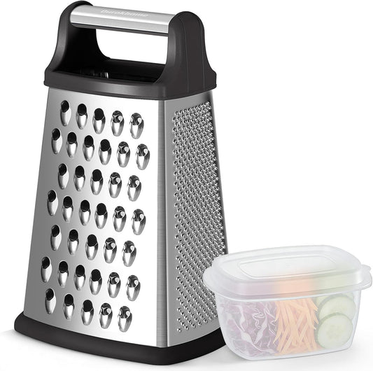 Ourokhome Cheese Grater, Handheld Box Grater with Container & Lid, 4-Sided Stainless Steel for Kitchen, Wavy Julienne, Slicer, Coarse Shred & Fine Zester, Non-Slip Base, Dishwasher Safe, 8 Inch