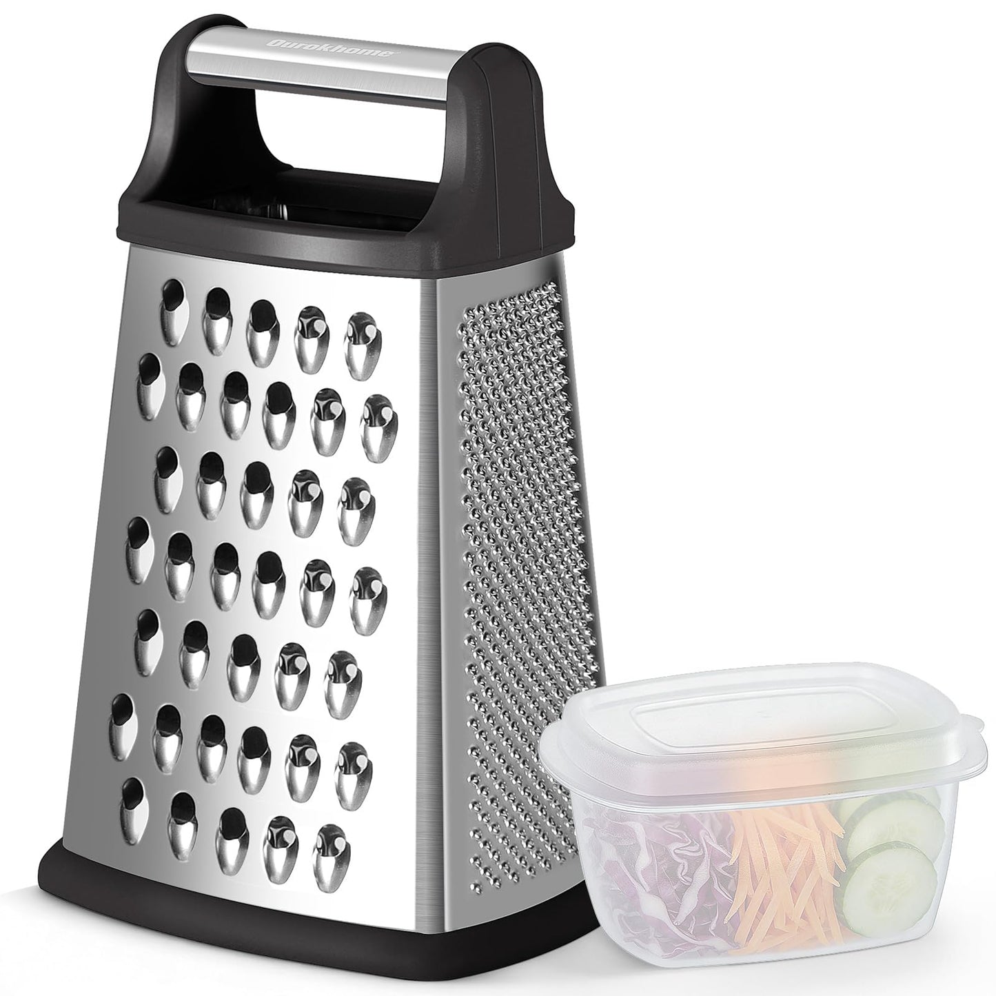 Ourokhome Cheese Grater, Handheld Box Grater with Container & Lid, 4-Sided Stainless Steel for Kitchen, Wavy Julienne, Slicer, Coarse Shred & Fine Zester, Non-Slip Base, Dishwasher Safe, 8 Inch