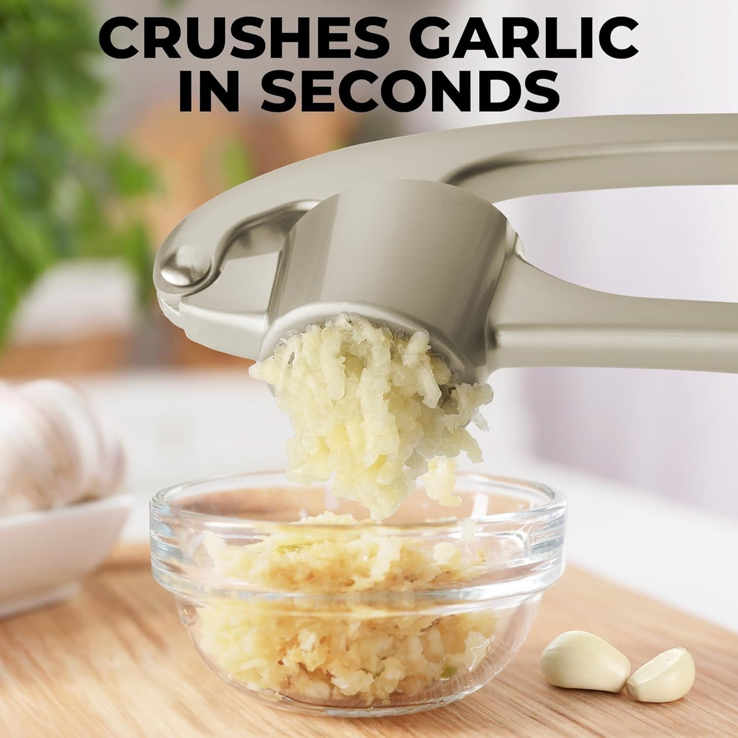 Zulay Kitchen Large Premium Garlic Press Set - Bigger Bowl for Bigger Garlic - Rust Proof Garlic Mincer Tool - Easy-Squeeze, Easy-Clean Silicone Garlic Peeler & Brush (Silver)