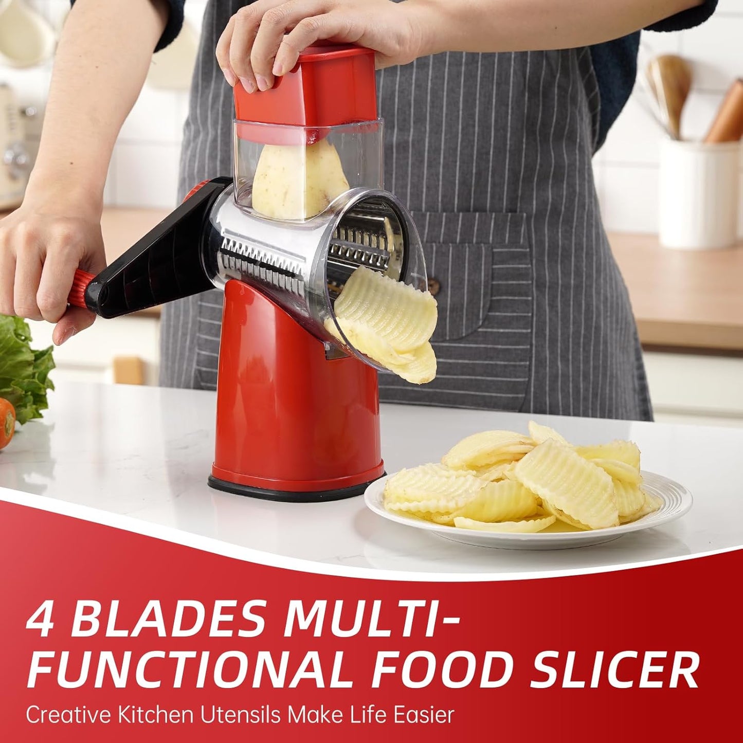 Rotary Hand Crank Cheese Grater,Cheese Shredder Vegetable Slicer(Red)