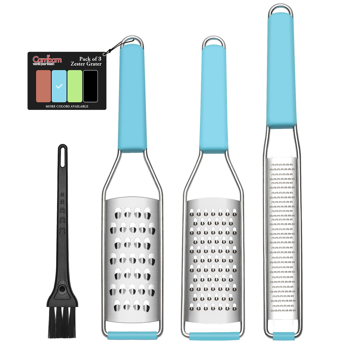 Cambom Lemon Zester Grater Three-piece Suit - Heavy Duty Kitchen Tool for Parmesan Cheese, Ginger, Garlic, Nutmeg, Chocolate, Vegetables，Fruits，Stainless Steel Grater Dishwasher Safe Black