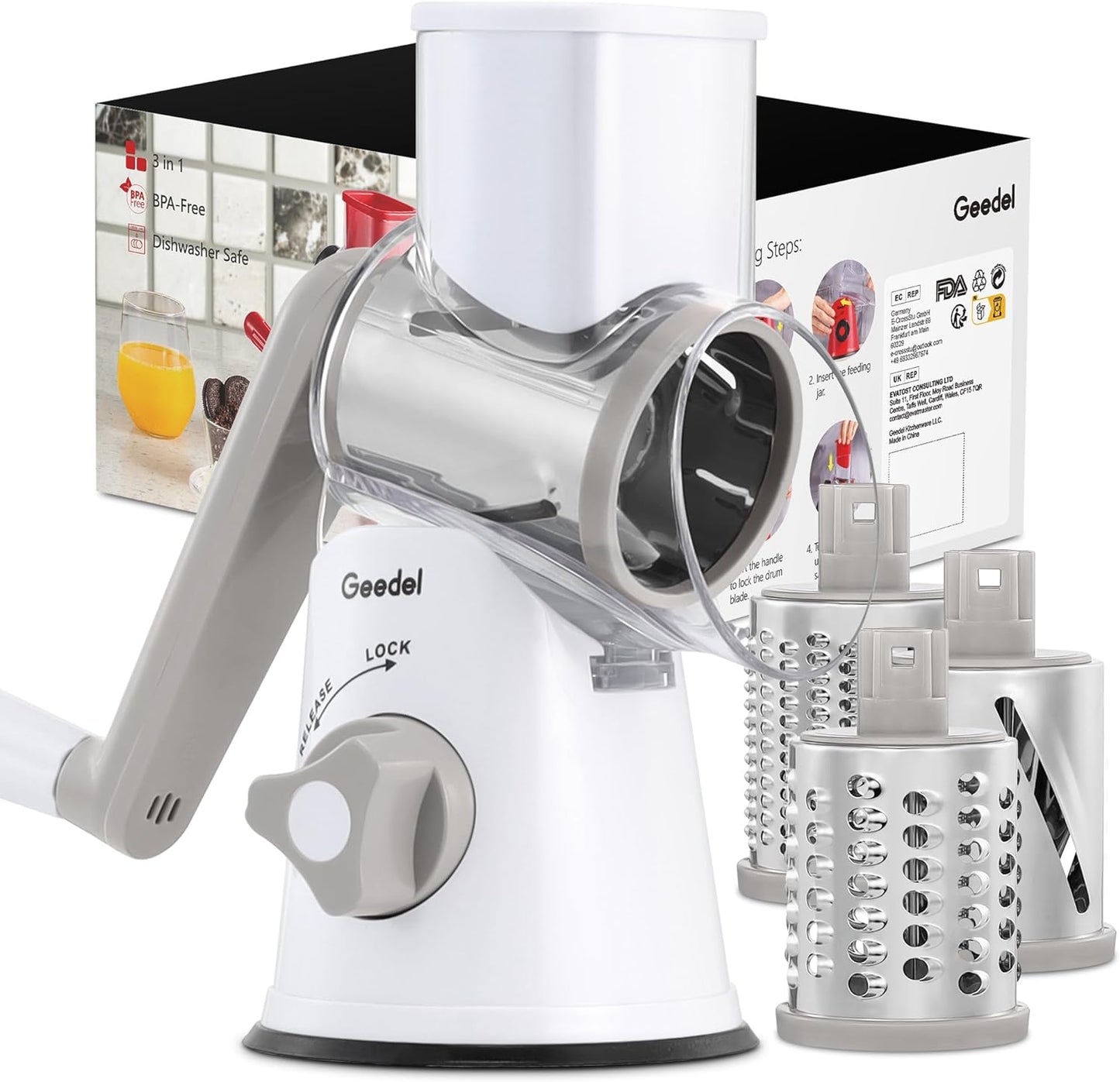 Geedel Rotary Cheese Grater Hand Crank, Cheese Shredder Vegetable Slicer