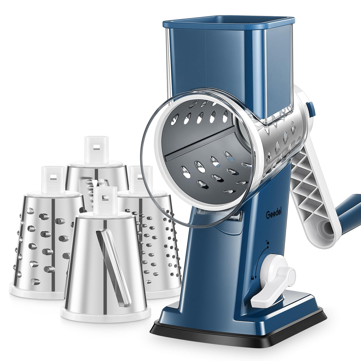 Geedel Upgraded Rotary Cheese Grater Hand Crank, Vegetable Shredder Slicer | 4 Blades, Stronger Suction Base, Wider Chute, 18x Faster Cutting, No BPA, Stainless Steel, for Cheese, Veggies, Nut