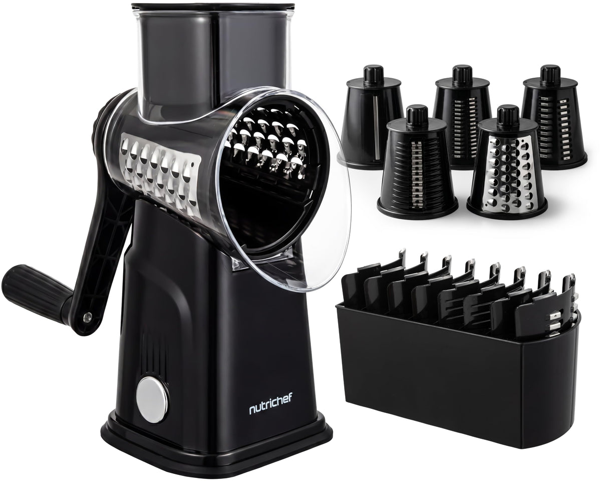 NutriChef 5 in 1 Cheese Grater & Shredder | 5 Different Blades for Thin, Thick, Julienne Strips, Wavy, & Straight Strips | Includes Hand Crank, Strong Suction Base & Storage Container | Blue