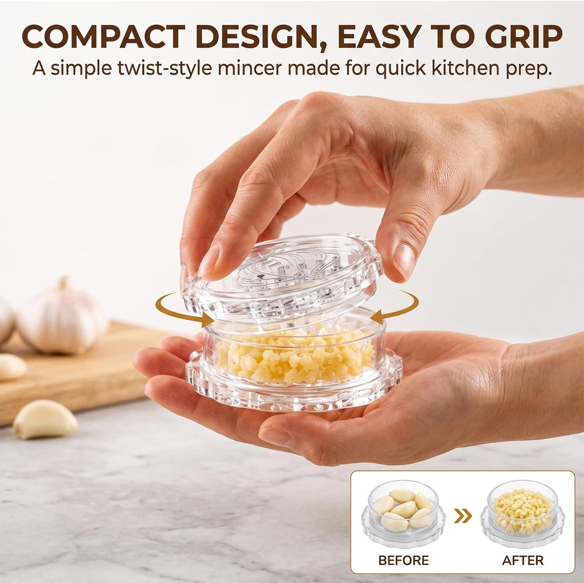 3 Pack Transparent Garlic Press, Manual Garlic Crusher and Mincer—Plastic Garlic Grinder and Chopper, rotary chopper suitable for garlic, chili peppers, compact and space-saving