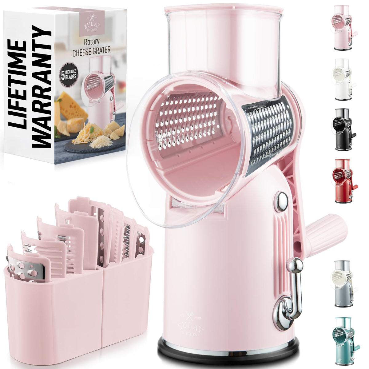 Zulay Kitchen Rotary Cheese Grater 5 Blade Cheese Shredder - Manual Hand Crank Cheese Grater With Reinforced Suction & 5 Interchangeable Drums - Easy to Use, Vegetable Chopper Round Mandoline Slicer