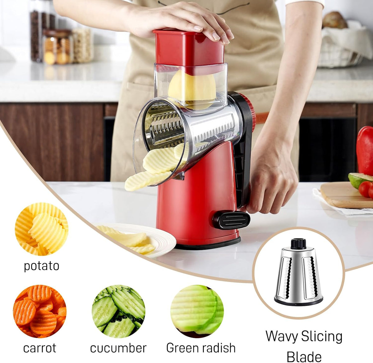 Weltonhm 4 in 1 Large Rotary Cheese Grater Hand Crank (Red black 4 Graters)