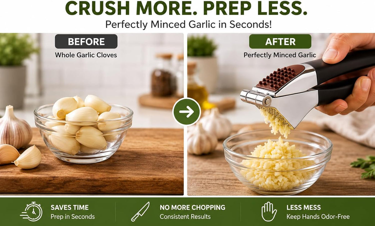 HOMFTY Garlic Press Set – Heavy Duty Stainless Steel Garlic Mincer & Crusher with Silicone Peeler, Ginger Press & Cleaning Brush – Large Chamber, Ergonomic Non-Slip Handle, No Peeling Needed