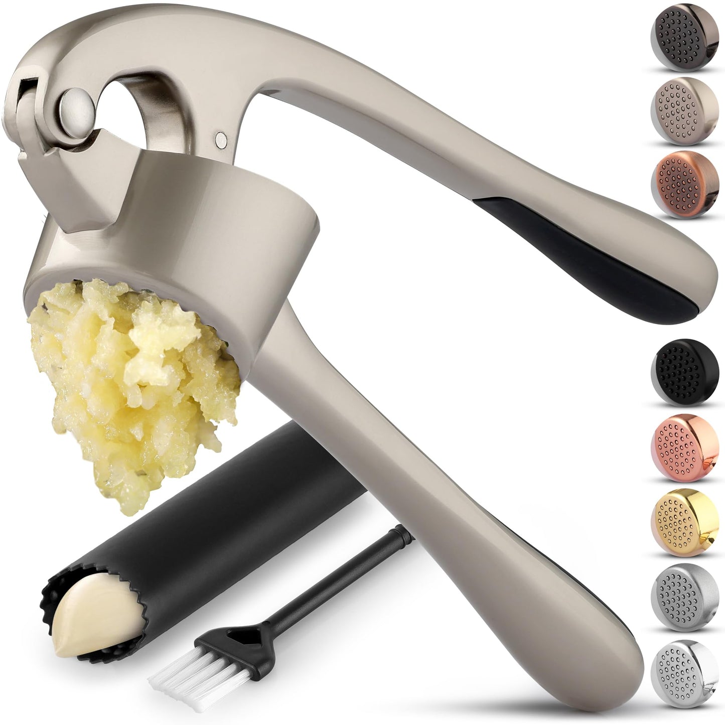 Zulay Kitchen Large Premium Garlic Press Set - Bigger Bowl for Bigger Garlic - Rust Proof Garlic Mincer Tool - Easy-Squeeze, Easy-Clean Silicone Garlic Peeler & Brush (Gold)