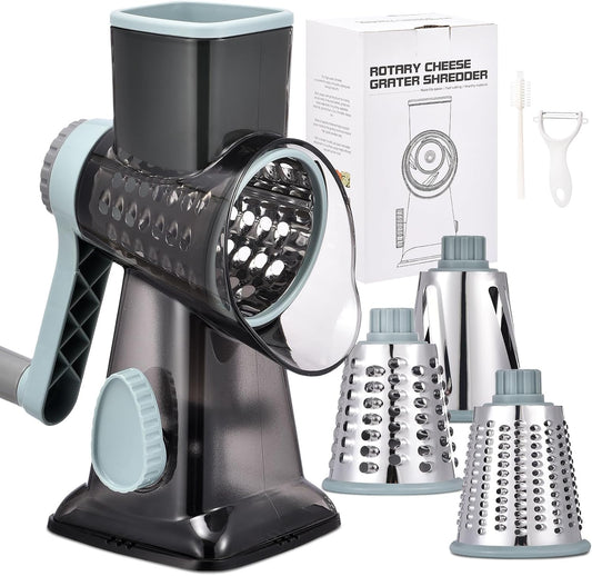 Rotary Cheese Grater with Handle Kitchen Shredder Slicer Grater Slicer Ice Shaver Cheese Vegetable Nuts Potato Zucchini Chocolate 3 Interchangeable Blades (GreyBlue