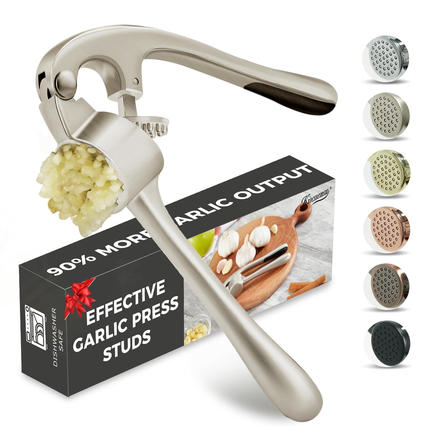 Kitessensu High Effective Garlic Press With Studs, Heavy Duty Garlic Mincer, Easy to Squeeze and Clean, Rust Proof, Ginger Crusher - Golden