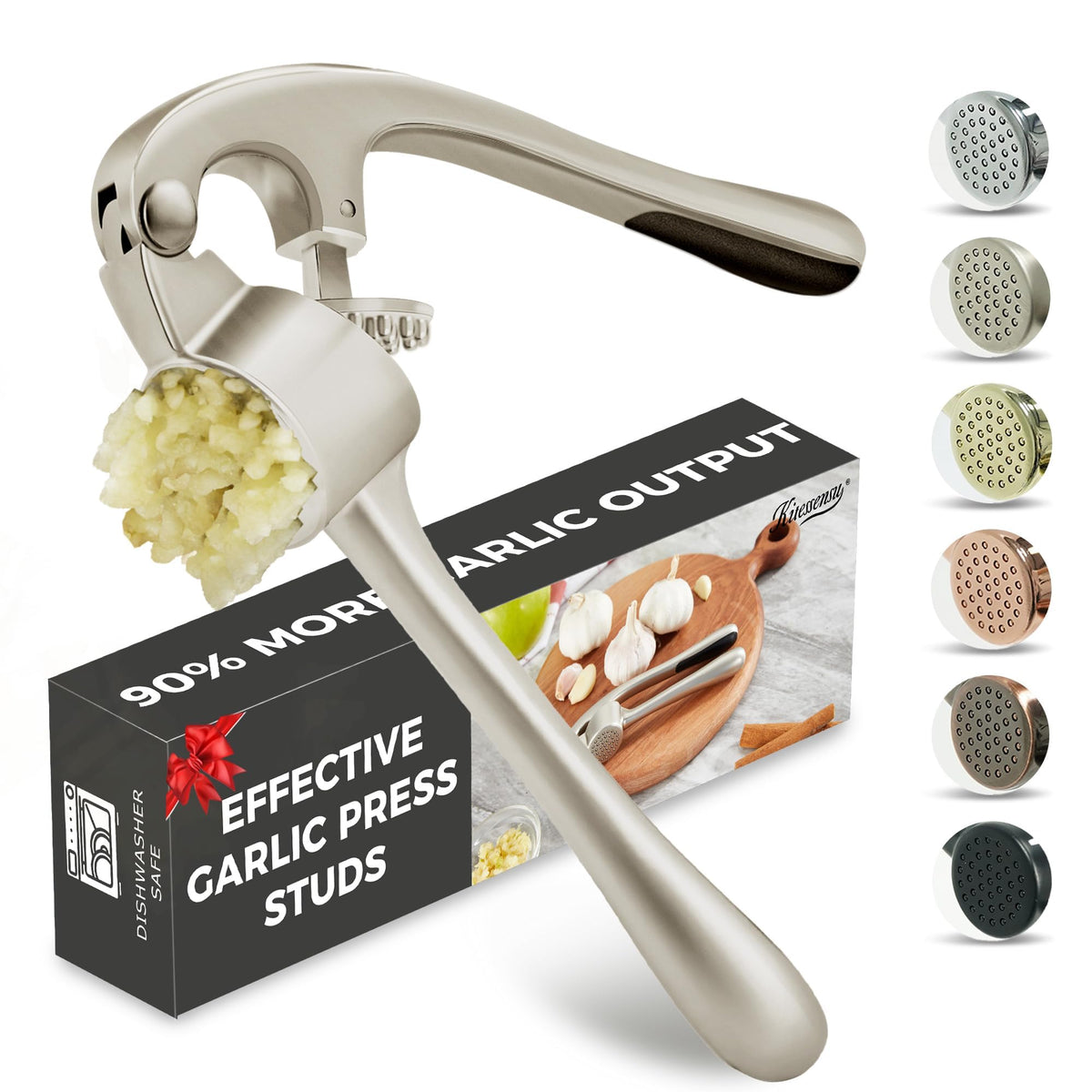 Kitessensu High Effective Garlic Press With Studs, Heavy Duty Garlic Mincer, Easy to Squeeze and Clean, Rust Proof, Ginger Crusher- Imperial Silver