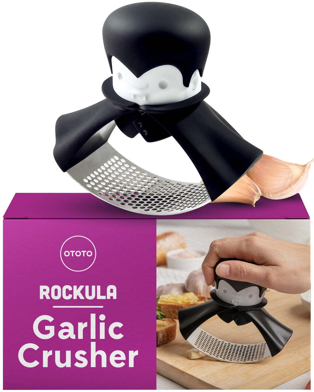 OTOTO Gracula Garlic Press, Garlic Crusher, Garlic Mincer, Also for Ginger, Nuts, Chili, Herbs - Twist Top Mincer & Easy Squeeze Manual Press Peeler, Goth Gifts