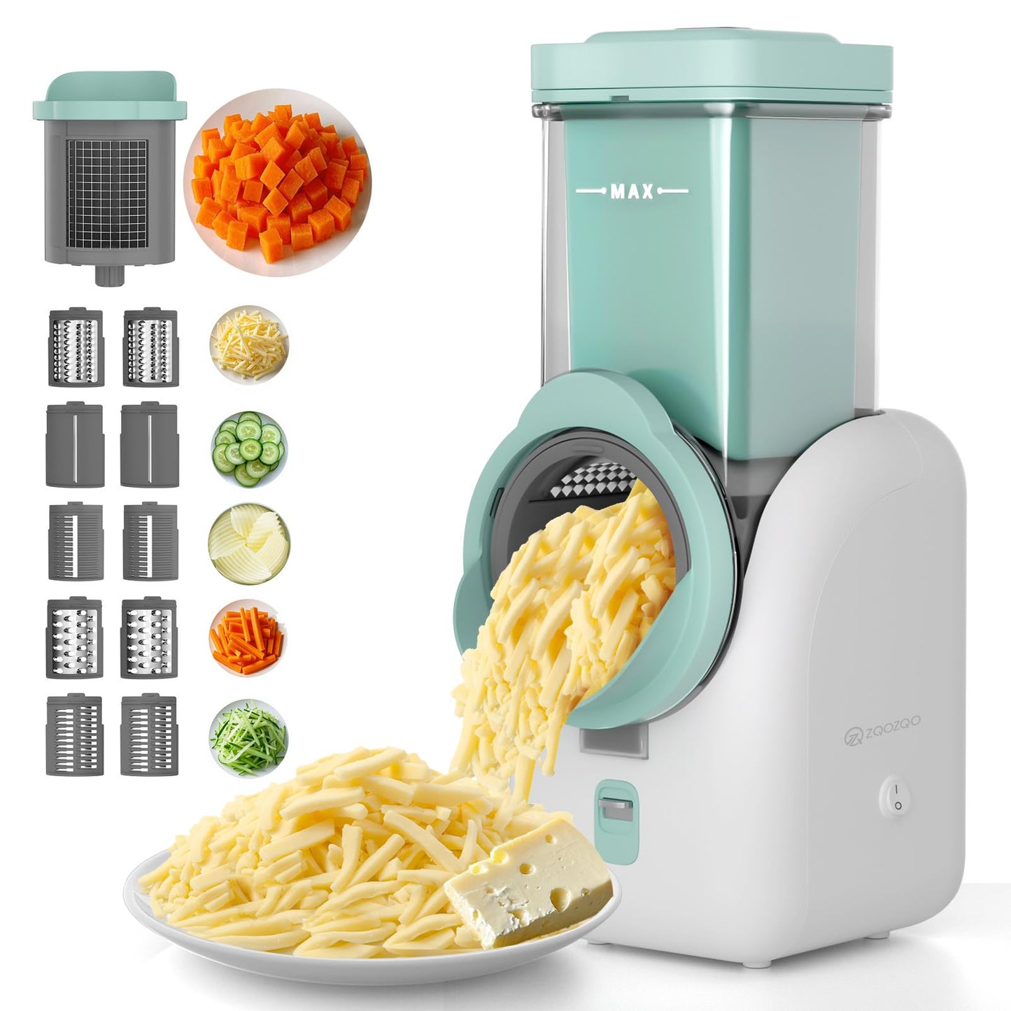 Upgraded 8-in-1 Electric Cheese Grater & Electric Cheese Shredder with 8 Interchangeable Blades for Cheese, Vegetables, Fruits and Nuts