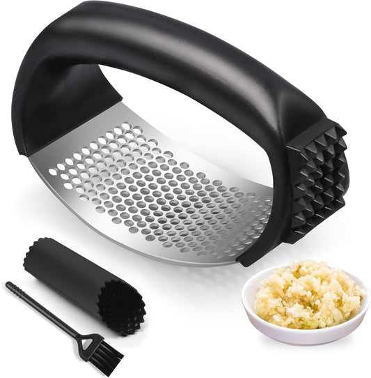 Pomyter Garlic Press Rocker, Stainless Steel Garlic Mincer and Garlic Crusher, Easy-Squeeze Garlic Tool with Peeler and Cleaning Brush for Smashing Garlic