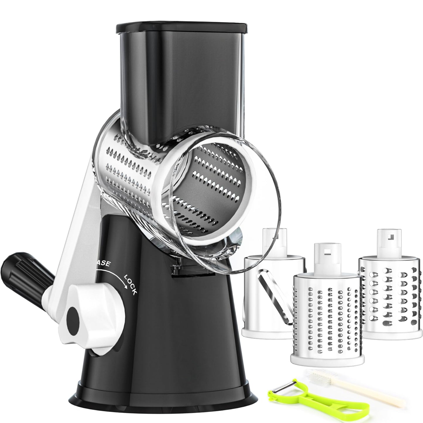 Ourokhome Rotary Cheese Grater Hand Crank, Kitchen Shredder Speed Mandolin Slicer Nuts Grinder with Handle and Drum Blades for Cheese, Vegetable, Walnuts, Chocolate, Potato, Carrot, 3 Blades, White