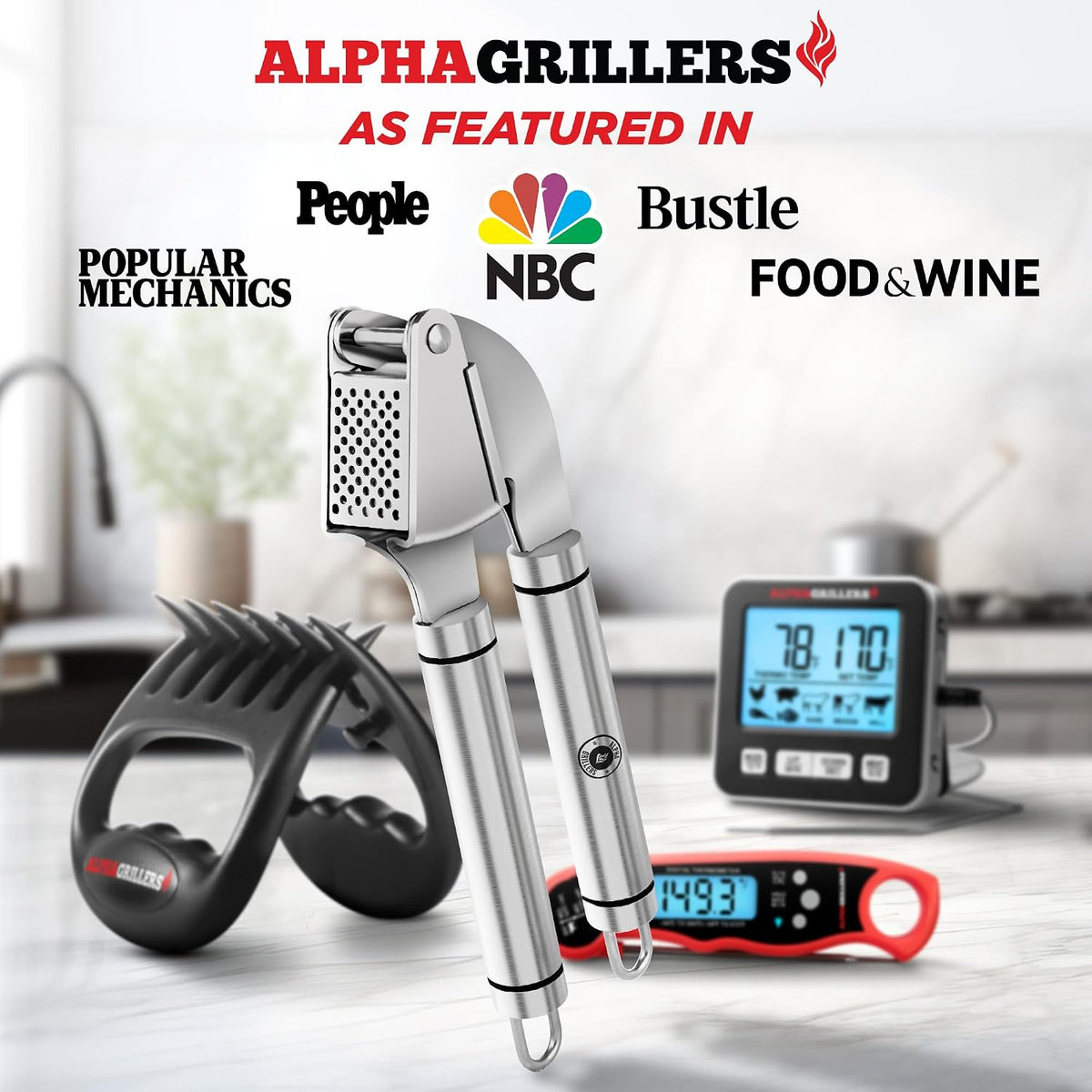 Alpha Grillers Garlic Press Stainless Steel, Mincer, Crusher & Peeler