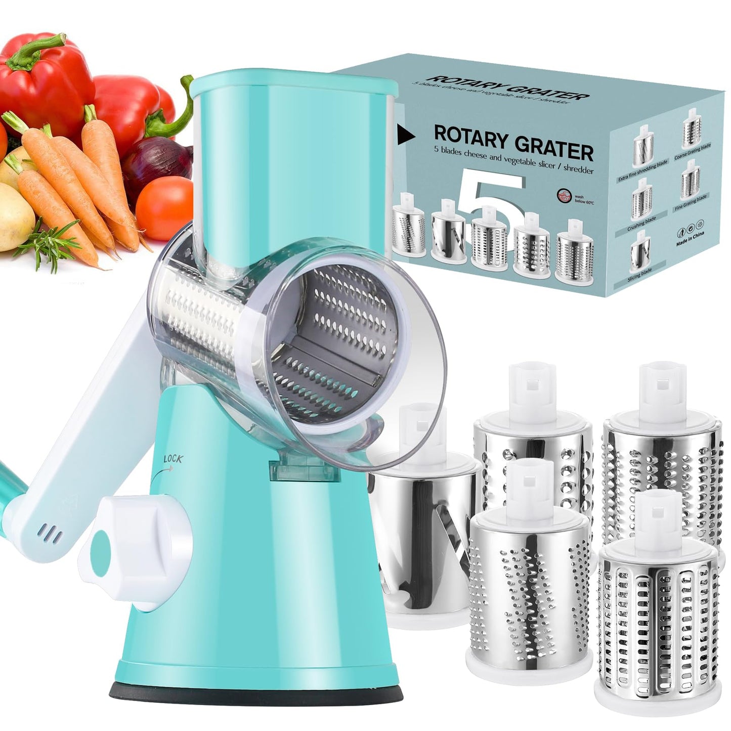 Ourokhome Rotary Cheese Grater Hand Crank, Kitchen Shredder Speed Mandolin Slicer Nuts Grinder with Handle and Drum Blades for Cheese, Vegetable, Walnuts, Chocolate, Potato, Carrot, 3 Blades, White