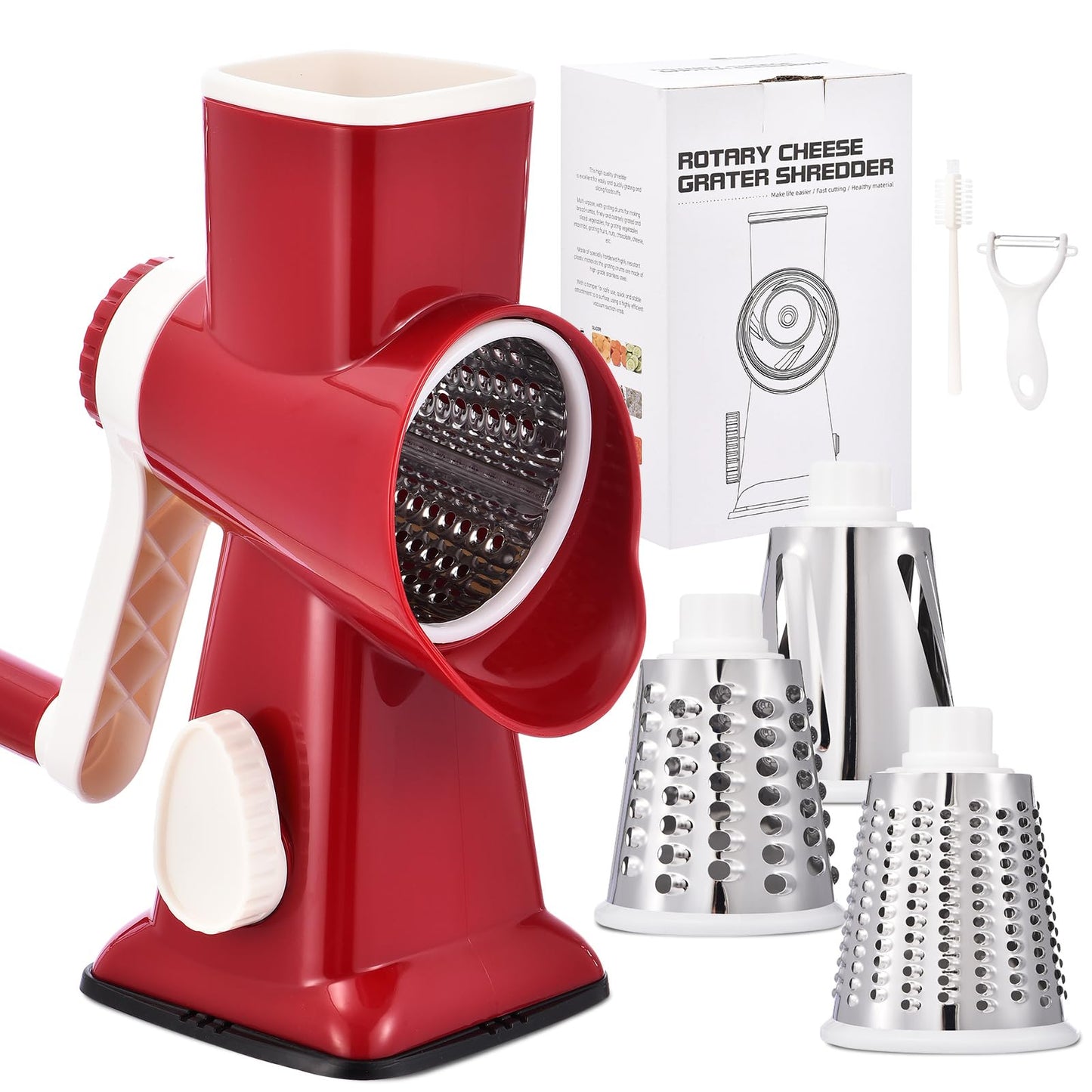 Rotary Cheese Grater with Handle Kitchen Shredder Slicer Grater Slicer Ice Shaver Cheese Vegetable Nuts Potato Zucchini Chocolate 3 Interchangeable Blades (GreyBlue