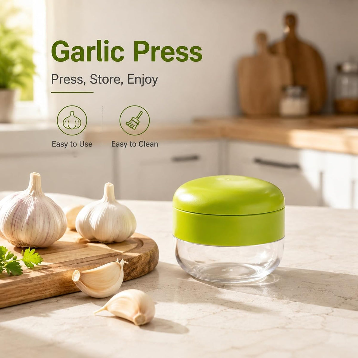 3-in-1 Garlic Press Set with Peeler & Brush, Manual Garlic Mincer Tool with Storage Container for Easy Prep and Cleanup (2 Pack)