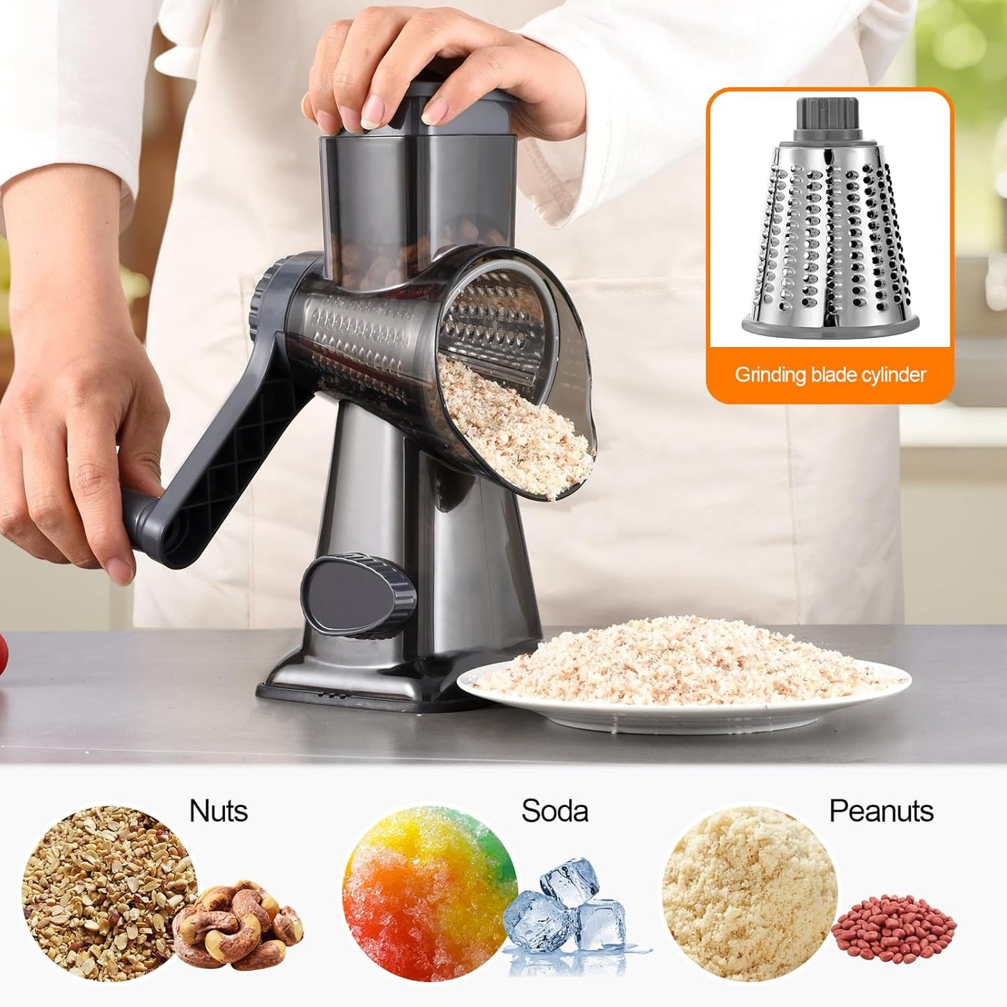 Rotary Cheese Grater Manual Hand Crank 3-in-1 Vegetable Shredde