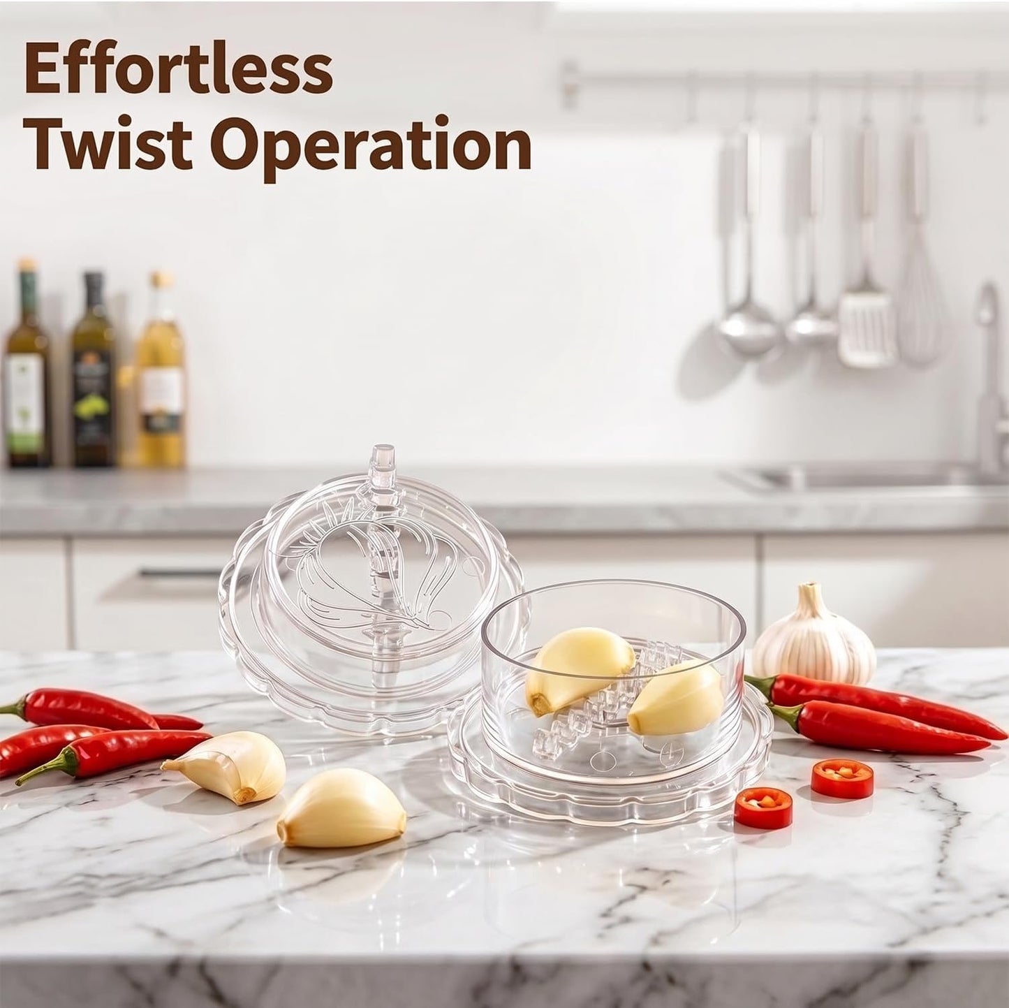 3 Pack Transparent Garlic Press, Manual Garlic Crusher and Mincer—Plastic Garlic Grinder and Chopper, rotary chopper suitable for garlic, chili peppers, compact and space-saving