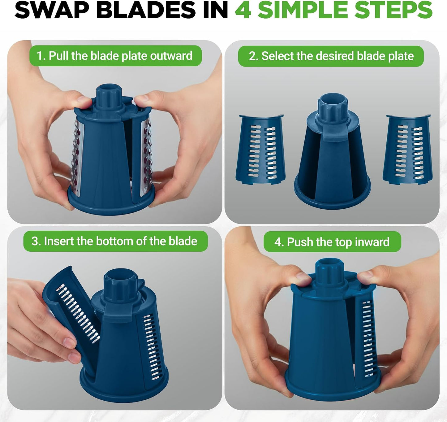 NutriChef 5 in 1 Cheese Grater & Shredder | 5 Different Blades for Thin, Thick, Julienne Strips, Wavy, & Straight Strips | Includes Hand Crank, Strong Suction Base & Storage Container | Blue