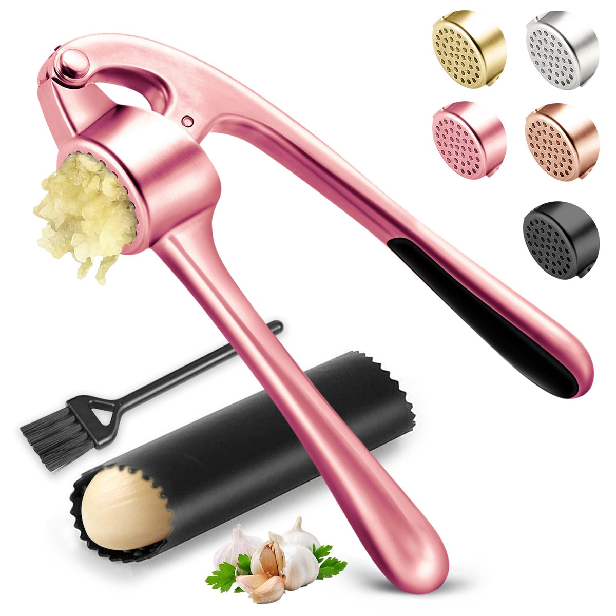 Kitchen Garlic Press, Rust Proof & Dishwasher Safe Garlic Mincer, Durable Garlic Crusher Set with Peeler＆Brush, Easy to Clean and Squeeze, Matte