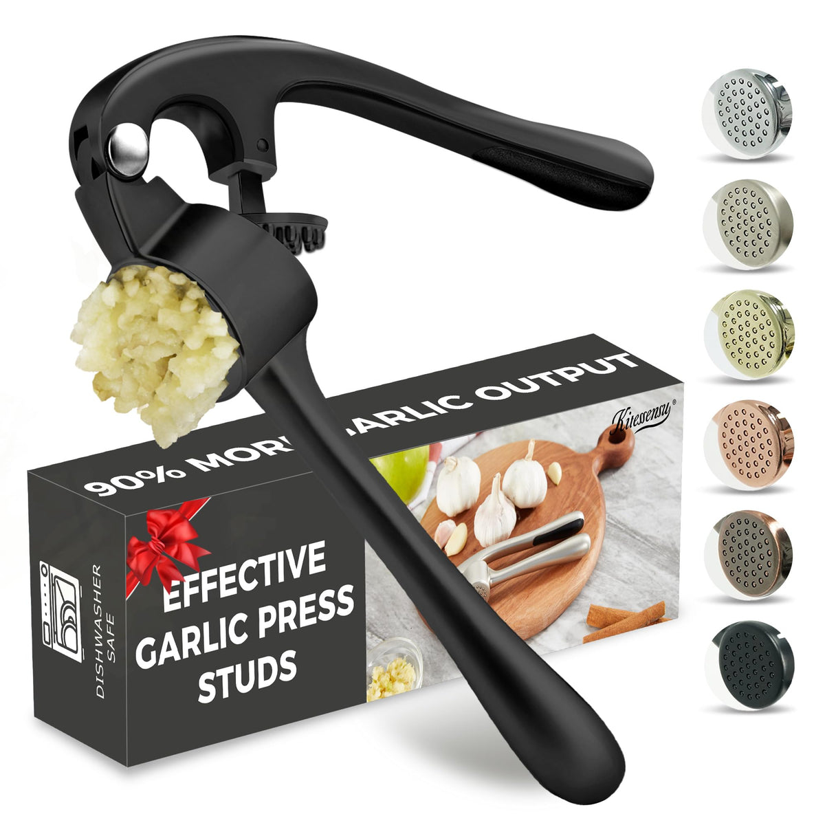 Kitessensu High Effective Garlic Press With Studs, Heavy Duty Garlic Mincer, Easy to Squeeze and Clean, Rust Proof, Ginger Crusher - Golden