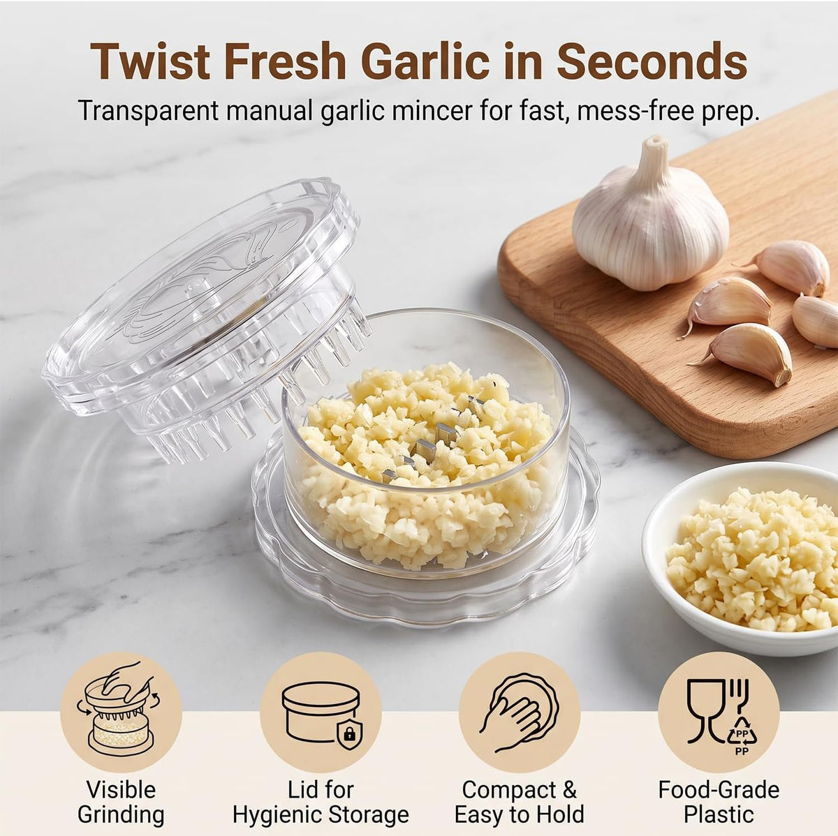3 Pack Transparent Garlic Press, Manual Garlic Crusher and Mincer—Plastic Garlic Grinder and Chopper, rotary chopper suitable for garlic, chili peppers, compact and space-saving