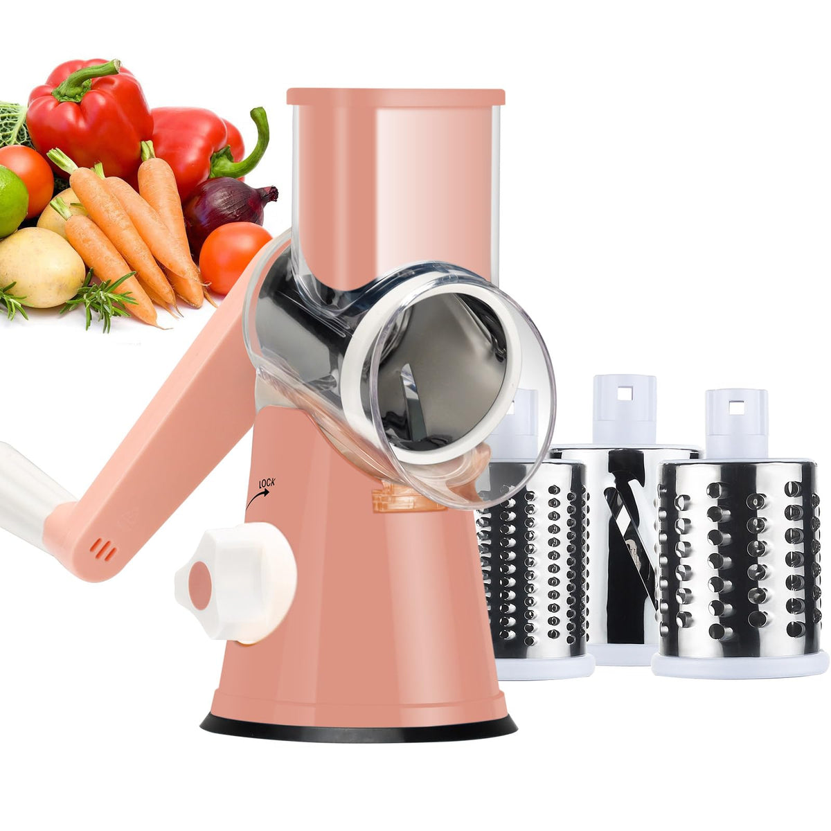 Ourokhome Rotary Cheese Grater Hand Crank, Kitchen Shredder Speed Mandolin Slicer Nuts Grinder with Handle and Drum Blades for Cheese, Vegetable, Walnuts, Chocolate, Potato, Carrot, 3 Blades, White