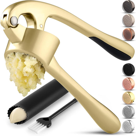 Zulay Kitchen Large Premium Garlic Press Set - Bigger Bowl for Bigger Garlic - Rust Proof Garlic Mincer Tool - Easy-Squeeze, Easy-Clean Silicone Garlic Peeler & Brush (Gold)