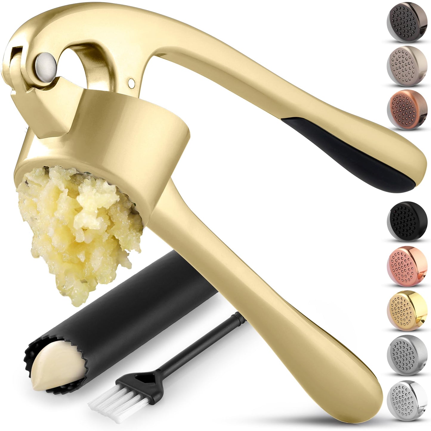 Zulay Kitchen Stainless Steel Garlic Press Rocker Set - Time Saving, Durable Strong Garlic Mincer Tool - Easy to Use & Clean Garlic Crusher Set with Peeler and Scraper Kitchen Gadget Smasher