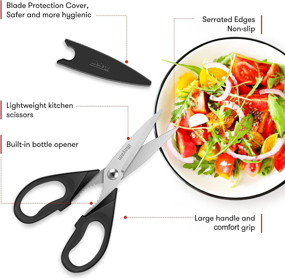iBayam All Purpose Kitchen Shears with Protective Sheath, Black, 8.7 inch
