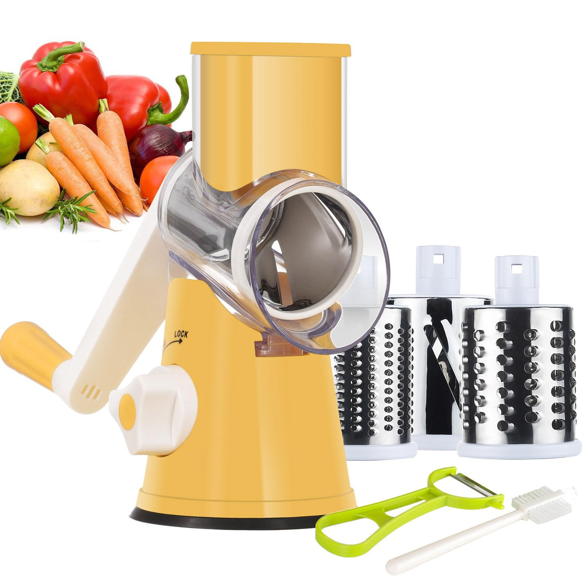 Ourokhome Rotary Cheese Grater Hand Crank, Kitchen Shredder Speed Mandolin Slicer Nuts Grinder with Handle and Drum Blades for Cheese, Vegetable, Walnuts, Chocolate, Potato, Carrot, 3 Blades, White