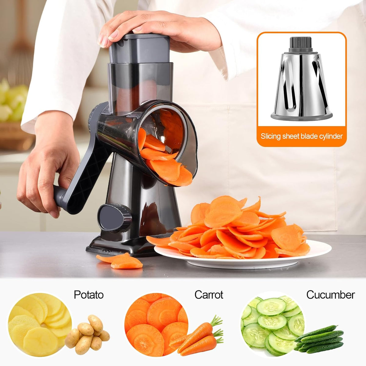 Rotary Cheese Grater Manual Hand Crank 3-in-1 Vegetable Shredde
