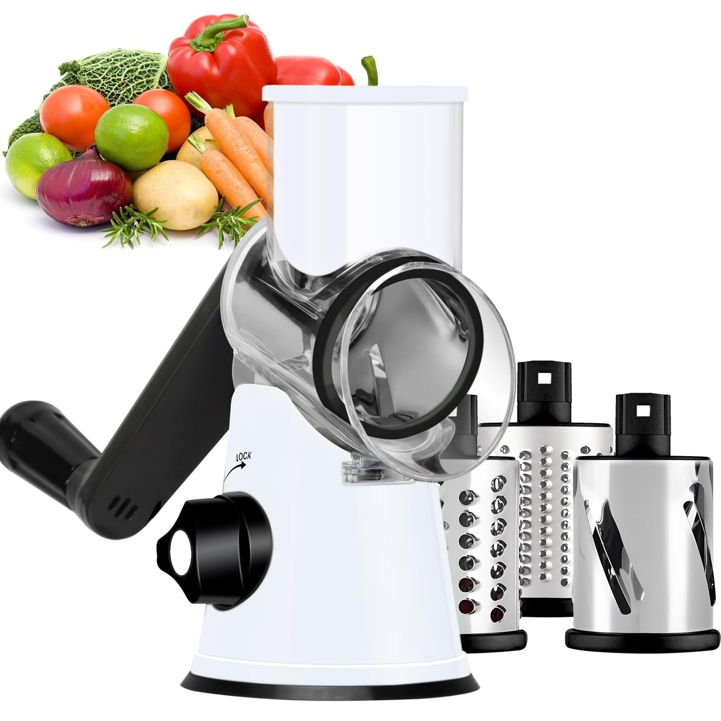 Ourokhome Rotary Cheese Grater Hand Crank, Kitchen Shredder Speed Mandolin Slicer Nuts Grinder with Handle and Drum Blades for Cheese, Vegetable, Walnuts, Chocolate, Potato, Carrot, 3 Blades, White