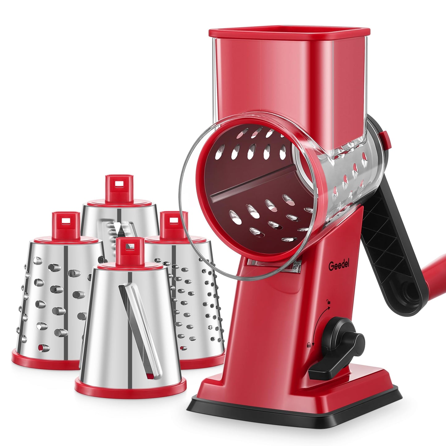 Geedel Upgraded Rotary Cheese Grater Hand Crank, Vegetable Shredder Slicer | 4 Blades, Stronger Suction Base, Wider Chute, 18x Faster Cutting, No BPA, Stainless Steel, for Cheese, Veggies, Nut