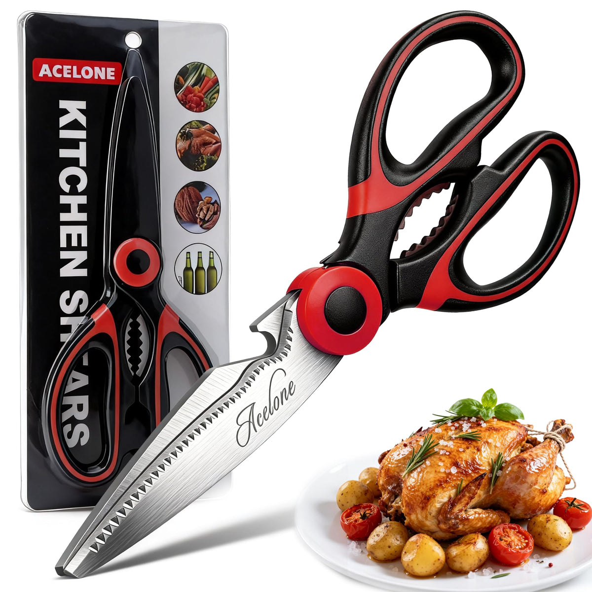 Acelone Kitchen Shears,Premium Heavy Duty Shears Ultra Sharp Stainless Steel Multi-function Kitchen Scissors for Chicken/Poultry/Fish/Meat/Vegetables/Herbs/BBQ…