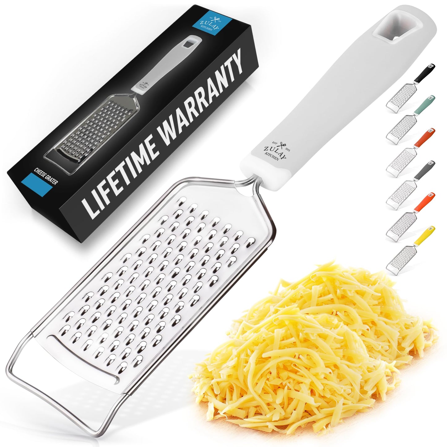 Zulay Kitchen Professional Cheese Grater Stainless Steel - Durable Rust-Proof Metal Lemon Zester Grater With Handle - Flat Handheld Grater For Cheese, Chocolate, Spices, And More - Black