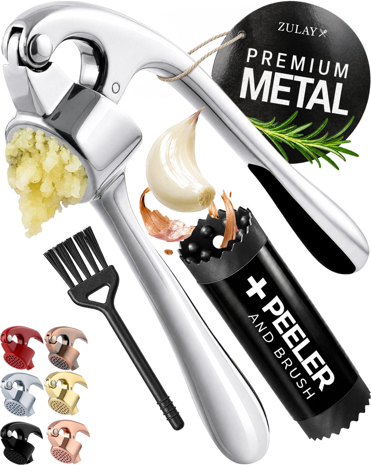 Zulay Kitchen Large Premium Garlic Press Set - Bigger Bowl for Bigger Garlic - Rust Proof Garlic Mincer Tool - Easy-Squeeze, Easy-Clean Silicone Garlic Peeler & Brush (Gold)