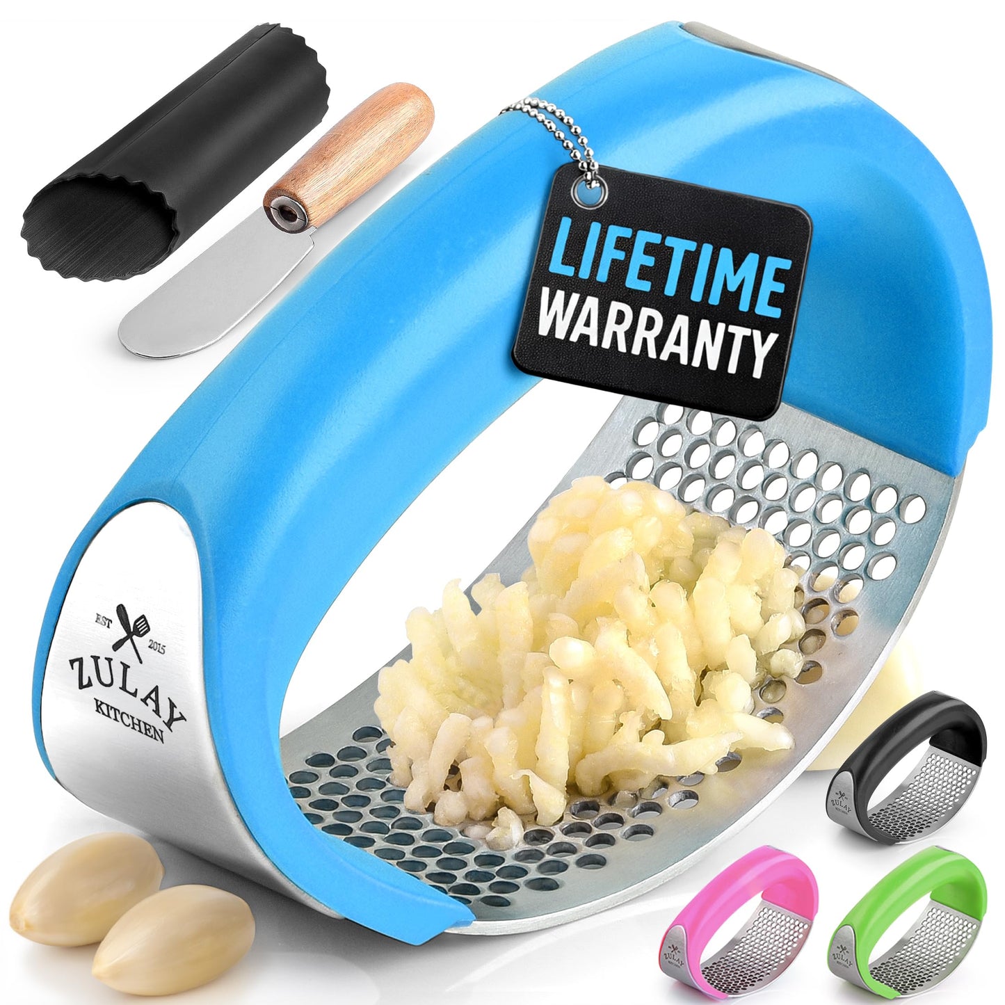 Zulay Kitchen Stainless Steel Garlic Press Rocker Set - Premium Garlic Mincer Garlic Crusher - New Innovative Garlic Crusher with Peeler and Scraper - Comfortable Grip (Black)