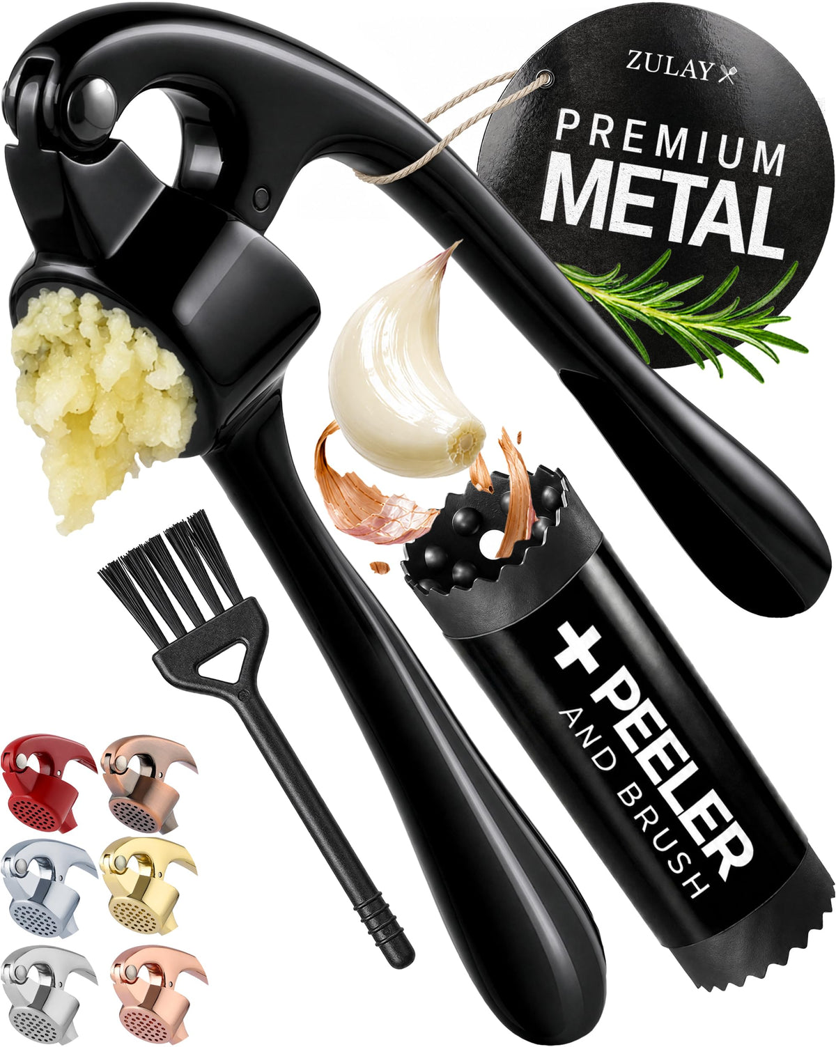 Zulay Kitchen Large Premium Garlic Press Set - Bigger Bowl for Bigger Garlic - Rust Proof Garlic Mincer Tool - Easy-Squeeze, Easy-Clean Silicone Garlic Peeler & Brush (Gold)