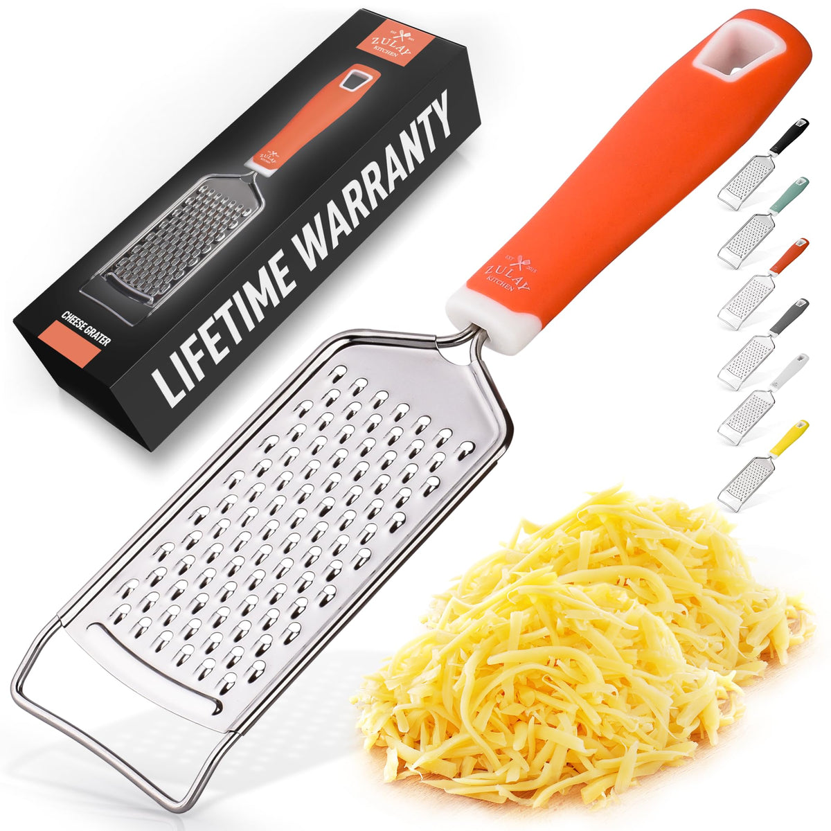 Zulay Kitchen Professional Cheese Grater Stainless Steel - Durable Rust-Proof Metal Lemon Zester Grater With Handle - Flat Handheld Grater For Cheese, Chocolate, Spices, And More - Black