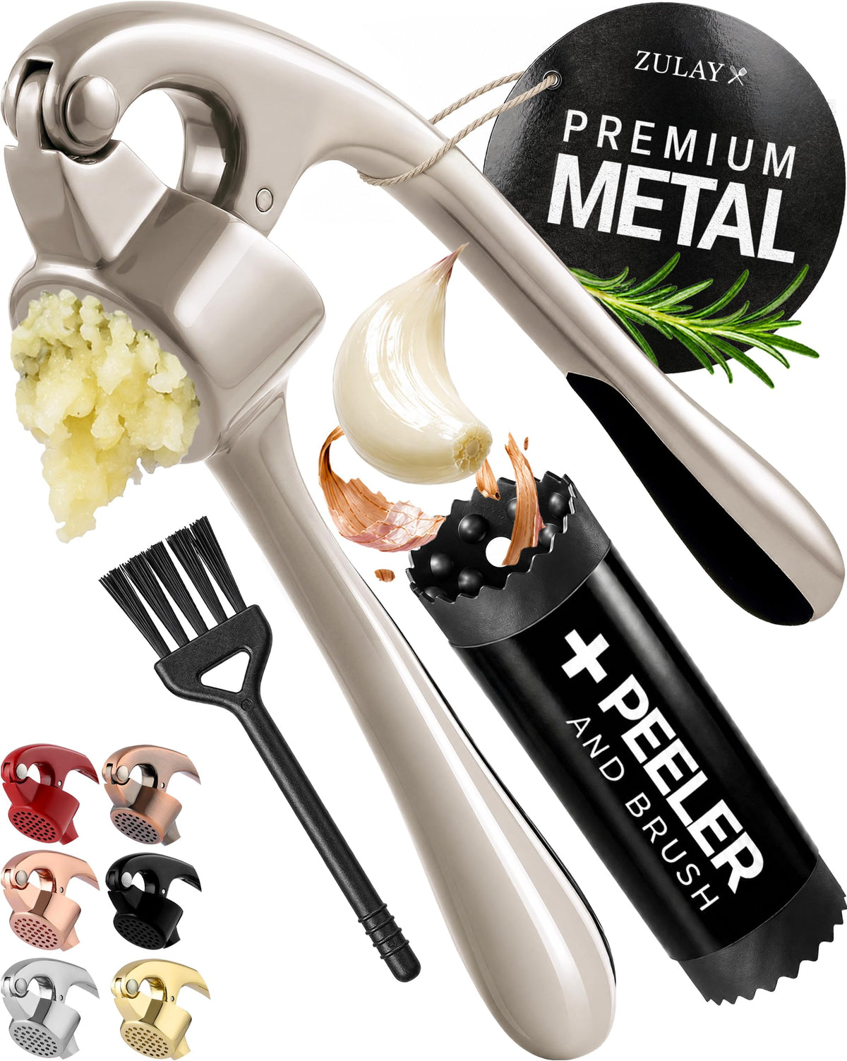 Zulay Kitchen Large Premium Garlic Press Set - Bigger Bowl for Bigger Garlic - Rust Proof Garlic Mincer Tool - Easy-Squeeze, Easy-Clean Silicone Garlic Peeler & Brush (Gold)