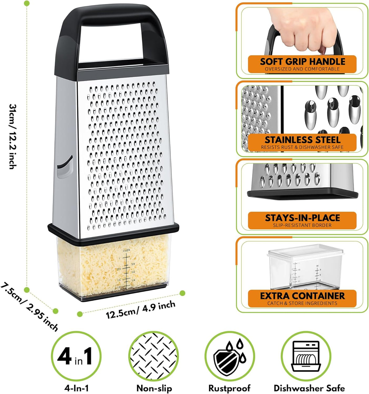 Cheese Grater With Container Box Grater Stainless Steel Kitchen Black