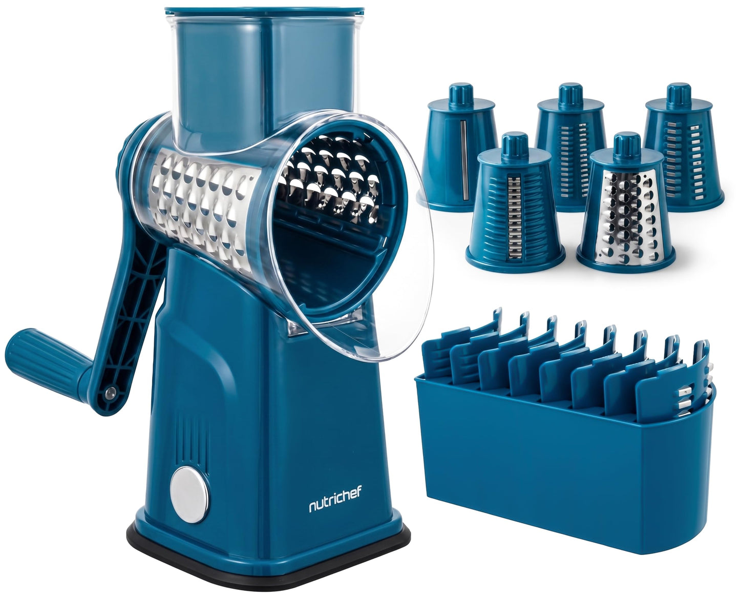 NutriChef 5 in 1 Cheese Grater & Shredder | 5 Different Blades for Thin, Thick, Julienne Strips, Wavy, & Straight Strips | Includes Hand Crank, Strong Suction Base & Storage Container | Blue