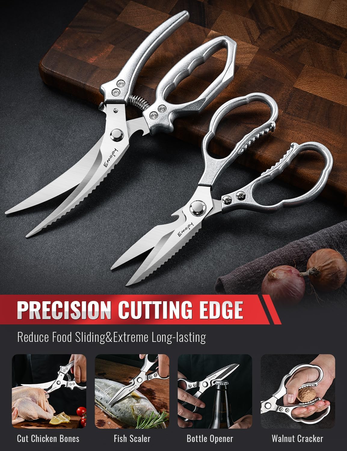 Emojoy 2-Piece Kitchen Scissors Set with Poultry Shears, Japanese Stainless Steel Kitchen Shear, All Purpose Scissor for Food, Chicken Bones, Dishwasher Safe