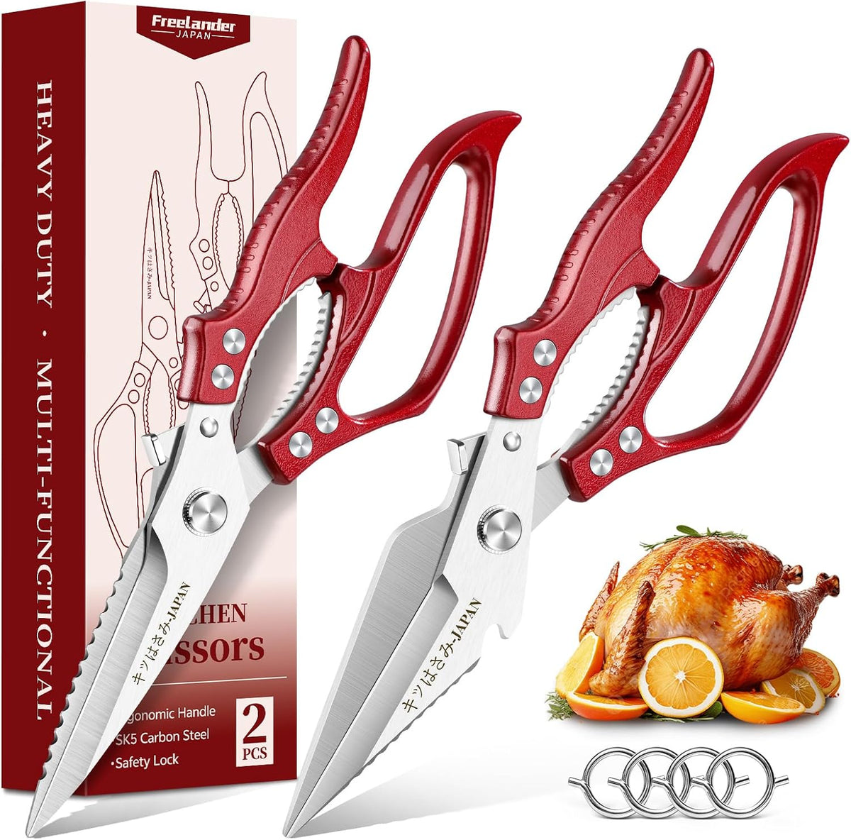 Freelander Poultry Shears Set Red - All Purpose Heavy Duty Kitchen Shears